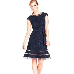 Adrianna Papell Women's Navy Embroidered Lace A-Line Fit & Flare Dress Size 6